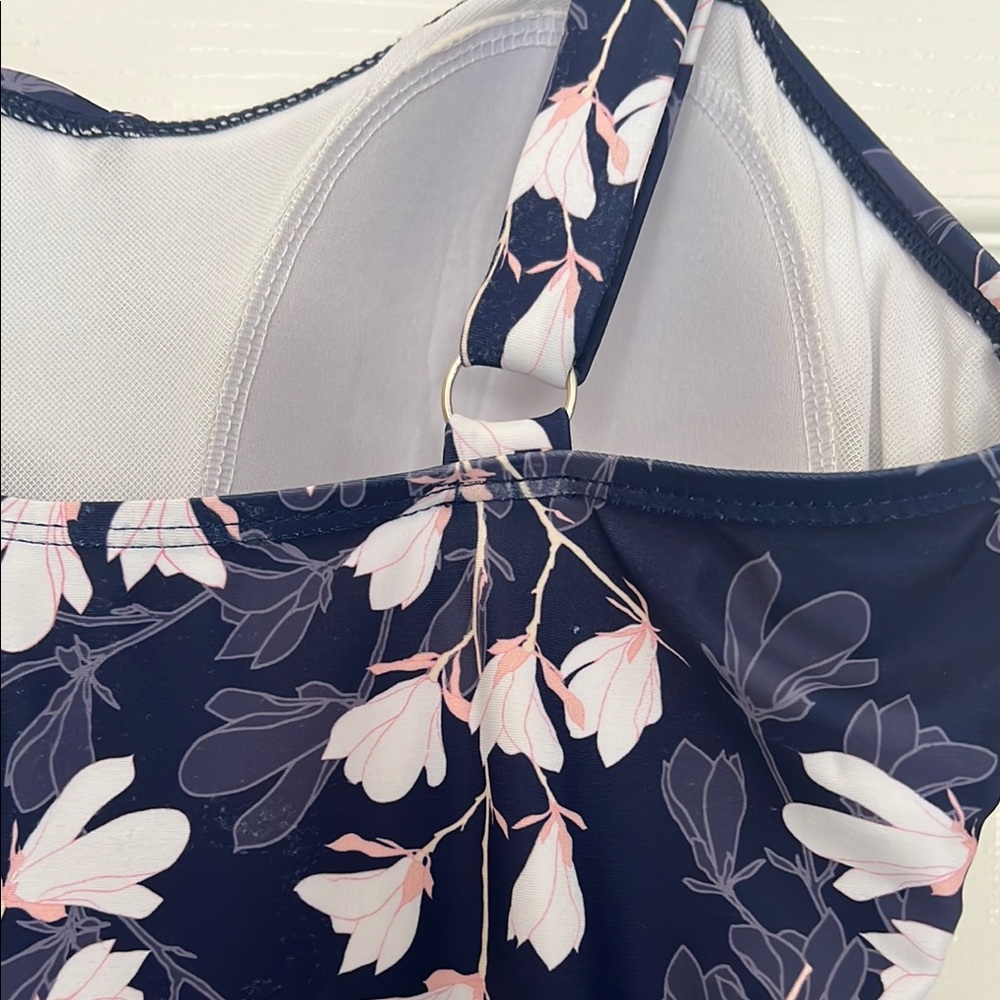 Blue and White Floral One-Piece Swimsuit with Ruffles - Picture 11 of 17